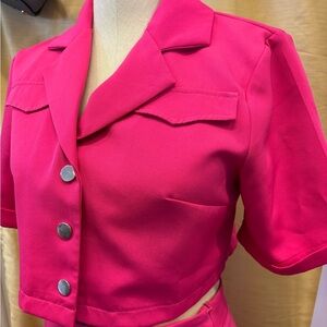 Chic Pink Cropped Blazer with Metallic Accents